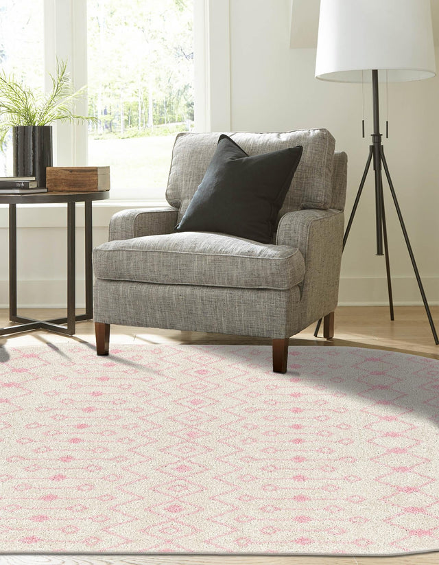 Ivory and Pink 4' x 6' Tribal Trellis Oval Area Rug Geometric Southwestern Inspired Durable Carpet for Home Interior Design for Sale at Rug Engine