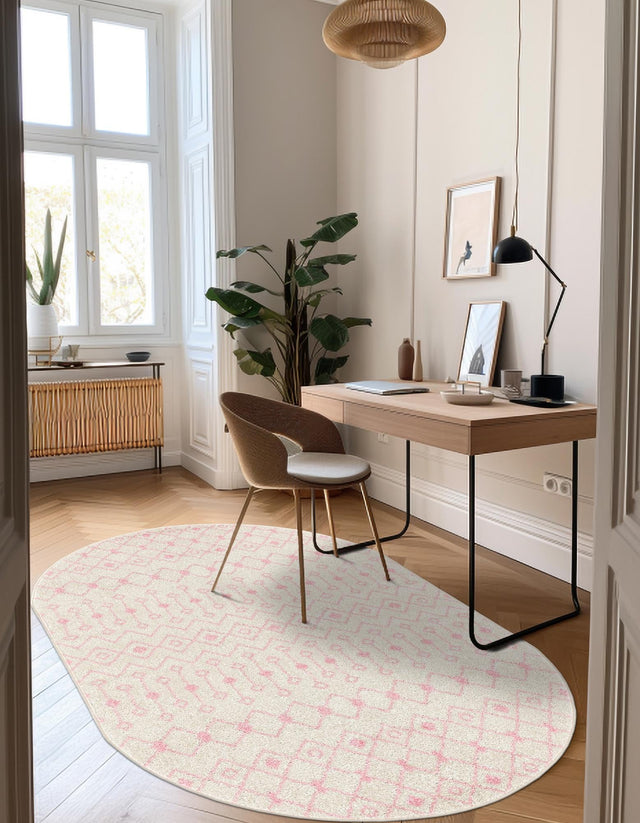 Ivory and Pink 5' 3 x 8' Tribal Trellis Oval Area Rug Geometric Southwestern Inspired Durable Carpet for Home Interior Design for Sale at Rug Engine