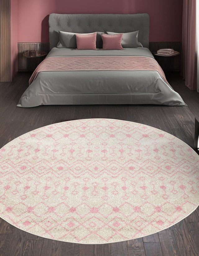 Ivory and Pink 10' x 10' Tribal Trellis Round Area Rug Geometric Southwestern Inspired Durable Carpet for Home Interior Design for Sale at Rug Engine