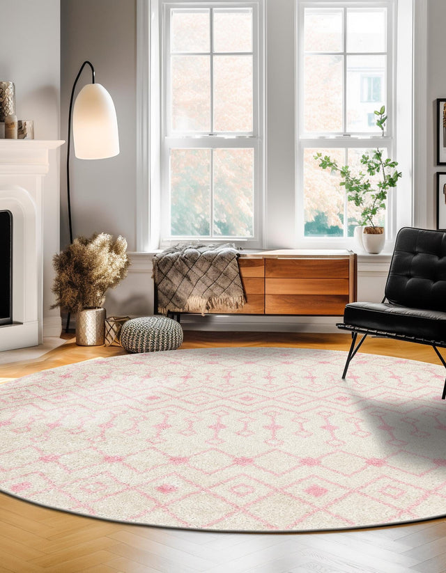 Ivory and Pink 5' 3 x 5' 3 Tribal Trellis Round Area Rug Geometric Southwestern Inspired Durable Carpet for Home Interior Design for Sale at Rug Engine