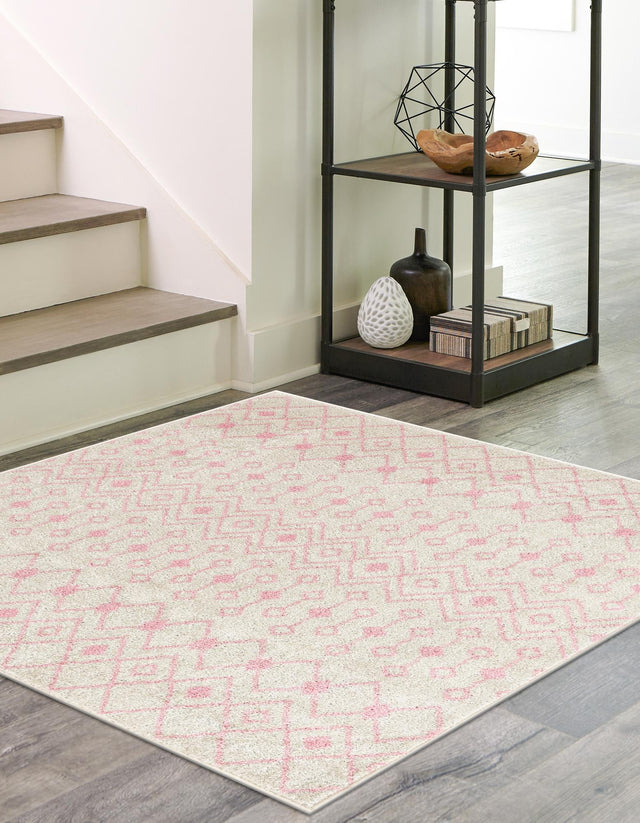 Ivory and Pink 4' x 4' Tribal Trellis Square Area Rug Geometric Southwestern Inspired Durable Carpet for Home Interior Design for Sale at Rug Engine