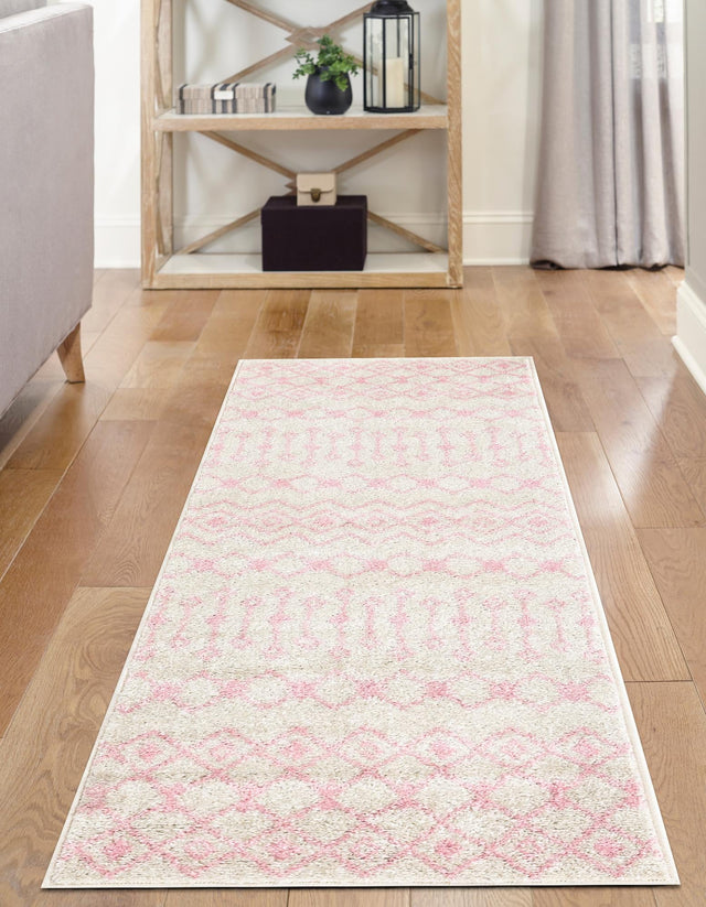 Ivory and Pink 2' x 8' Tribal Trellis Runner Area Rug Geometric Southwestern Inspired Durable Carpet for Home Interior Design for Sale at Rug Engine