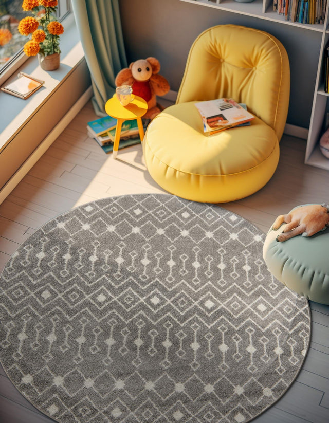 Gray 6' 1 x 6' 1 Tribal Trellis Round Area Rug Geometric Southwestern Inspired Durable Carpet for Home Interior Design for Sale at Rug Engine