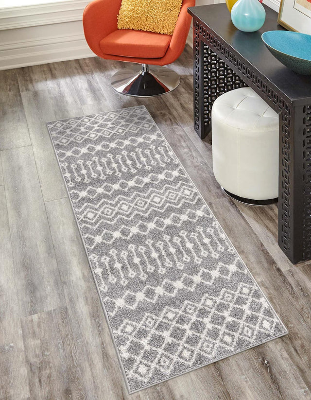 Gray 2' x 7' 1 Tribal Trellis Runner Area Rug Geometric Southwestern Inspired Durable Carpet for Home Interior Design for Sale at Rug Engine
