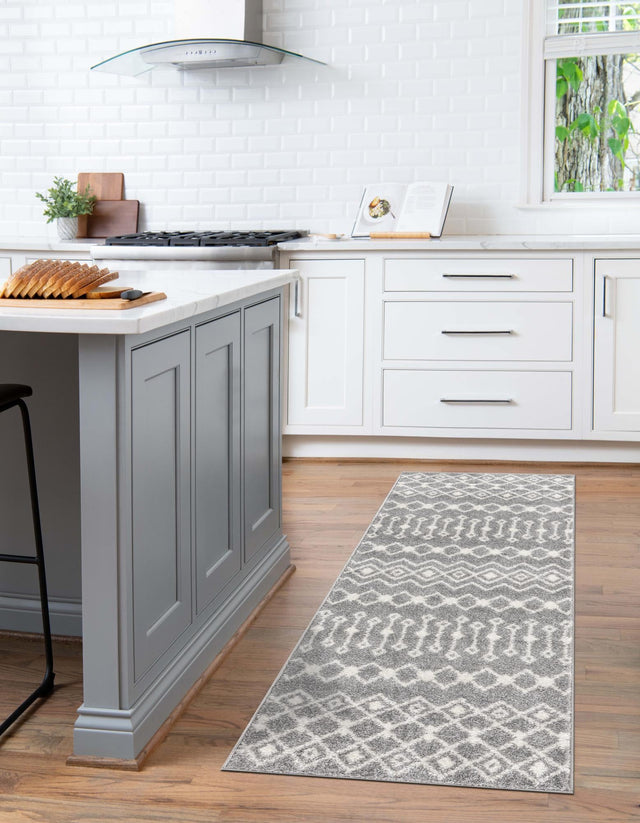 Gray 2' x 7' 1 Tribal Trellis Runner Area Rug Geometric Southwestern Inspired Durable Carpet for Home Interior Design for Sale at Rug Engine