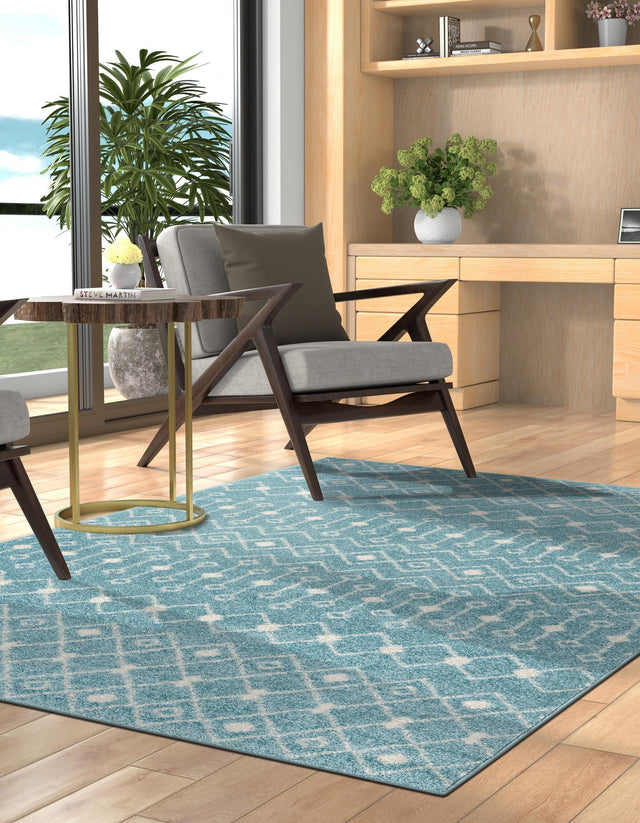 Aqua Blue 10' 8 x 14' Tribal Trellis Rectangle Area Rug Geometric Southwestern Inspired Durable Carpet for Home Interior Design for Sale at Rug Engine