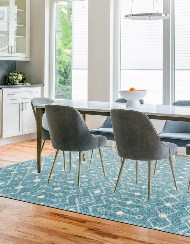 Aqua Blue 5' 3 x 8' Tribal Trellis Rectangle Area Rug Geometric Southwestern Inspired Durable Carpet for Home Interior Design for Sale at Rug Engine