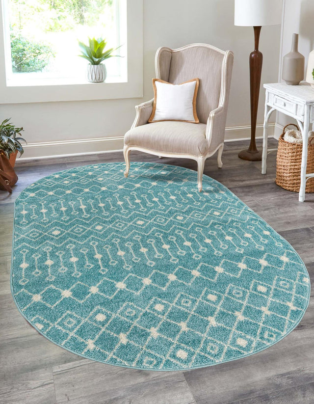 Aqua Blue 7' 10 x 10' Tribal Trellis Oval Area Rug Geometric Southwestern Inspired Durable Carpet for Home Interior Design for Sale at Rug Engine