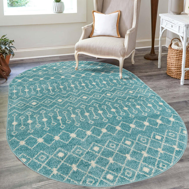 Aqua Blue 4' x 6' Tribal Trellis Oval Area Rug Geometric Southwestern Inspired Durable Carpet for Home Interior Design for Sale at Rug Engine