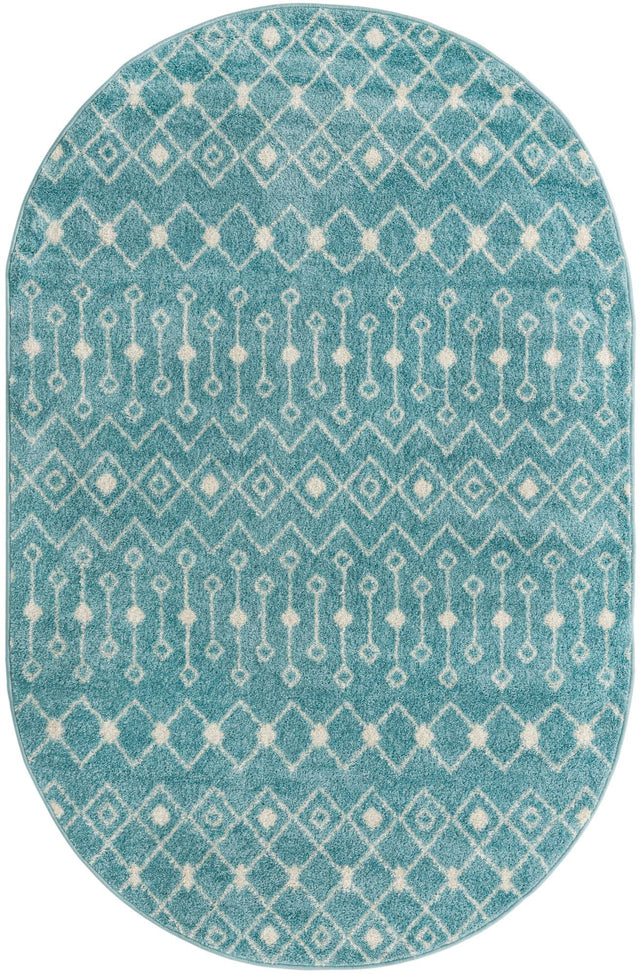 Aqua Blue 5' 3 x 8' Tribal Trellis Oval Area Rug Geometric Southwestern Inspired Durable Carpet for Home Interior Design for Sale at Rug Engine
