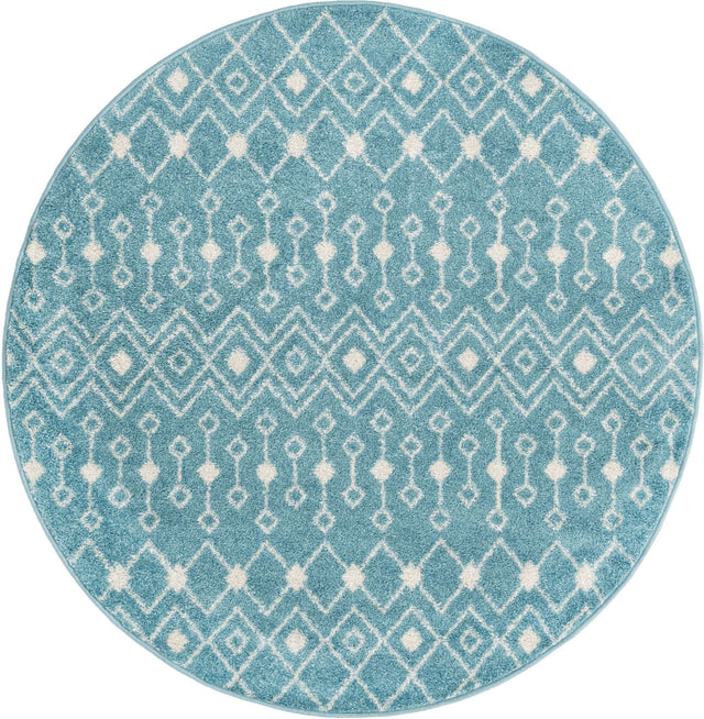 Aqua Blue 5' 3 x 5' 3 Tribal Trellis Round Area Rug Geometric Southwestern Inspired Durable Carpet for Home Interior Design for Sale at Rug Engine
