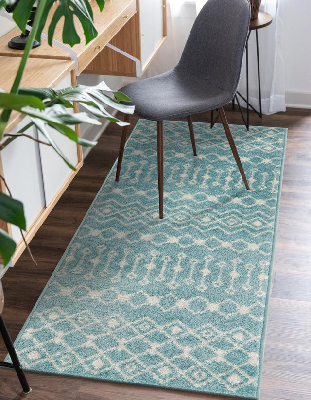 Aqua Blue 3' 3 x 16' 5 Tribal Trellis Runner Area Rug Geometric Southwestern Inspired Durable Carpet for Home Interior Design for Sale at Rug Engine