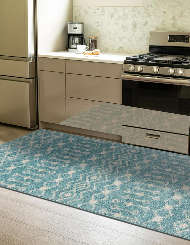 Aqua Blue 2' 7 x 10' Tribal Trellis Runner Area Rug Geometric Southwestern Inspired Durable Carpet for Home Interior Design for Sale at Rug Engine