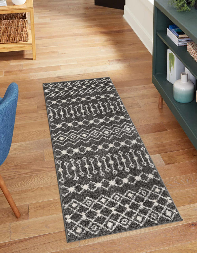 Dark Gray 2' x 8' Tribal Trellis Runner Area Rug Geometric Southwestern Inspired Durable Carpet for Home Interior Design for Sale at Rug Engine