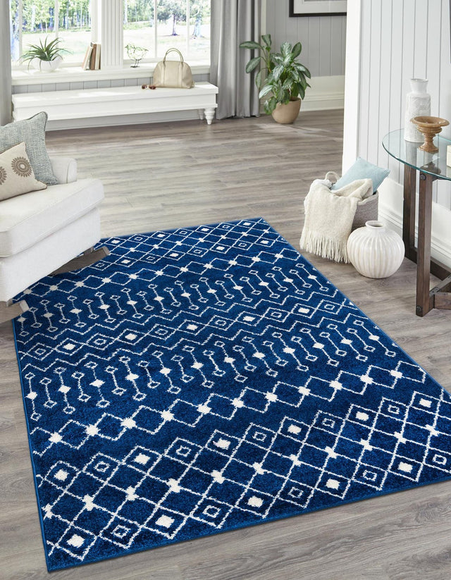 Navy Blue 5' 3 x 8' Tribal Trellis Rectangle Area Rug Geometric Southwestern Inspired Durable Carpet for Home Interior Design for Sale at Rug Engine