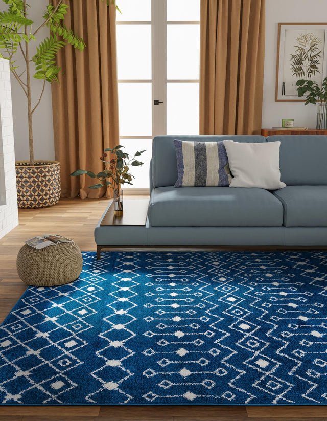 Navy Blue 9' x 12' Tribal Trellis Rectangle Area Rug Geometric Southwestern Inspired Durable Carpet for Home Interior Design for Sale at Rug Engine