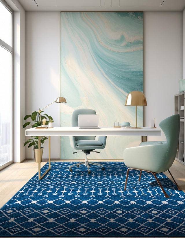 Navy Blue 10' x 13' 1 Tribal Trellis Rectangle Area Rug Geometric Southwestern Inspired Durable Carpet for Home Interior Design for Sale at Rug Engine