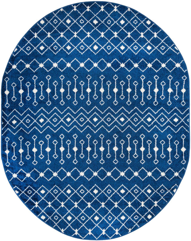 Navy Blue 7' 10 x 10' Tribal Trellis Oval Area Rug Geometric Southwestern Inspired Durable Carpet for Home Interior Design for Sale at Rug Engine