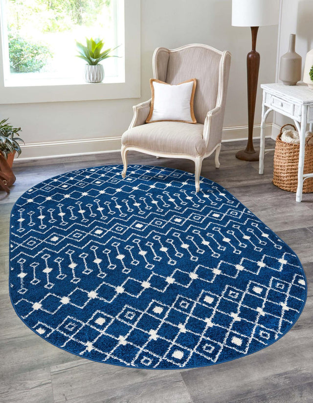 Navy Blue 5' 3 x 8' Tribal Trellis Oval Area Rug Geometric Southwestern Inspired Durable Carpet for Home Interior Design for Sale at Rug Engine
