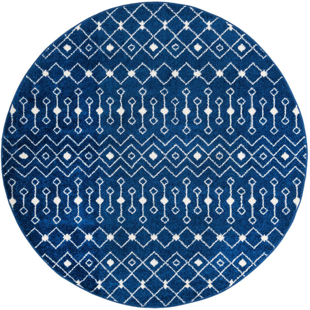 Navy Blue 7' 10 x 7' 10 Tribal Trellis Round Area Rug Geometric Southwestern Inspired Durable Carpet for Home Interior Design for Sale at Rug Engine