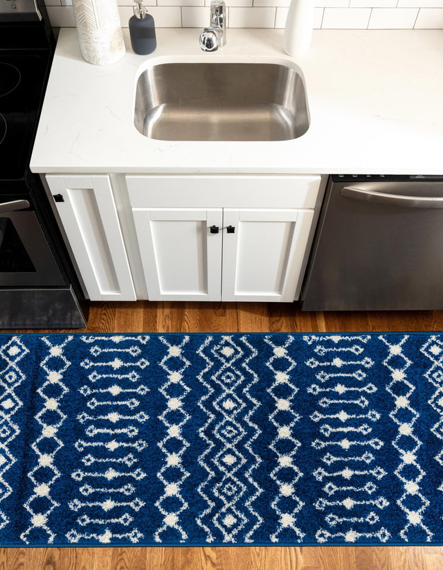 Navy Blue 3' 3 x 16' 5 Tribal Trellis Runner Area Rug Geometric Southwestern Inspired Durable Carpet for Home Interior Design for Sale at Rug Engine