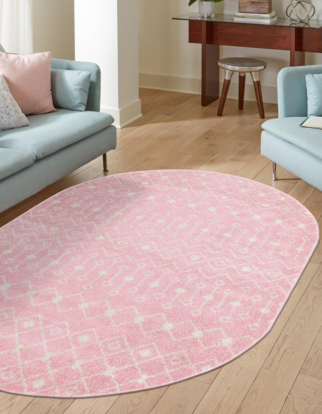 Pink 7' 10 x 10' Tribal Trellis Oval Area Rug Geometric Southwestern Inspired Durable Carpet for Home Interior Design for Sale at Rug Engine