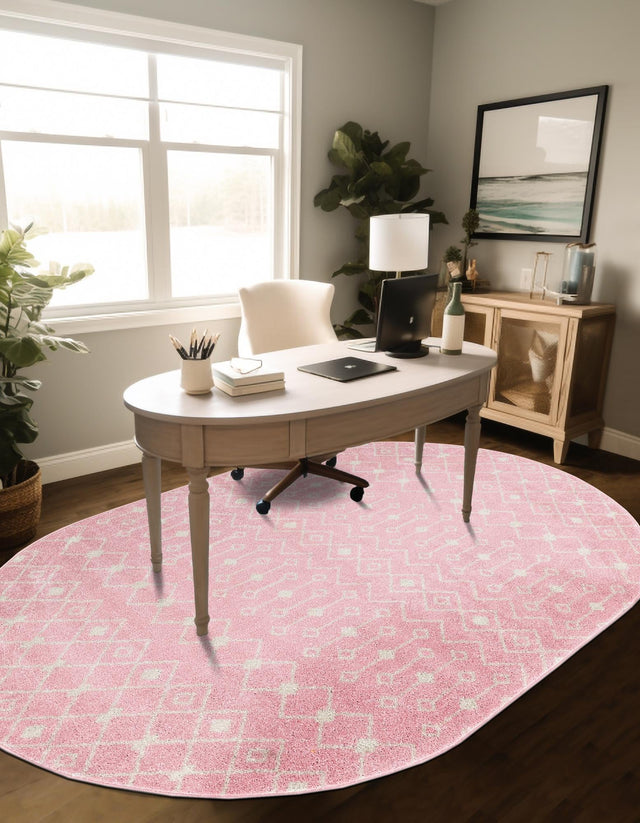 Pink 4' 1 x 6' 1 Tribal Trellis Oval Area Rug Geometric Southwestern Inspired Durable Carpet for Home Interior Design for Sale at Rug Engine