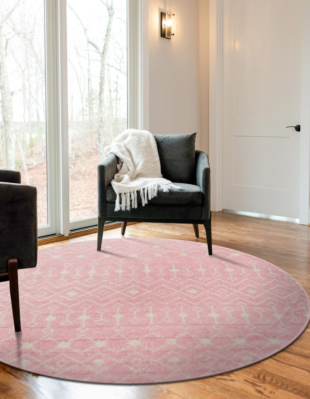 Pink 5' 3 x 5' 3 Tribal Trellis Round Area Rug Geometric Southwestern Inspired Durable Carpet for Home Interior Design for Sale at Rug Engine