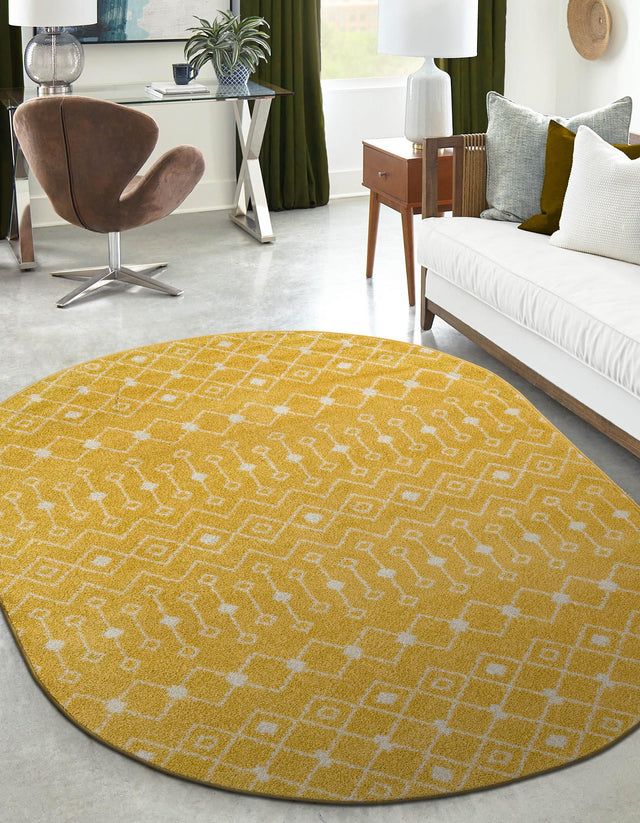 Yellow 7' 10 x 10' Tribal Trellis Oval Area Rug Geometric Southwestern Inspired Durable Carpet for Home Interior Design for Sale at Rug Engine