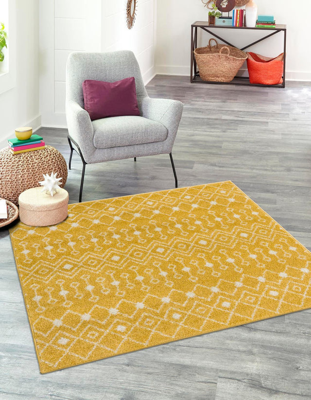Yellow 6' x 6' Tribal Trellis Square Area Rug Geometric Southwestern Inspired Durable Carpet for Home Interior Design for Sale at Rug Engine