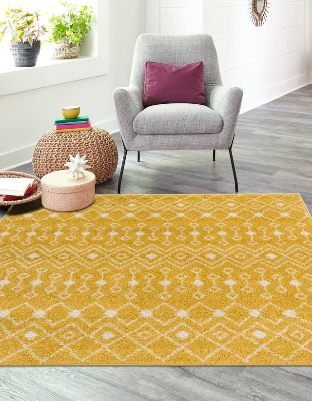 Yellow 6' x 6' Tribal Trellis Square Area Rug Geometric Southwestern Inspired Durable Carpet for Home Interior Design for Sale at Rug Engine