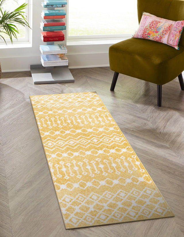 Yellow 2' 7 x 10' Tribal Trellis Runner Area Rug Geometric Southwestern Inspired Durable Carpet for Home Interior Design for Sale at Rug Engine