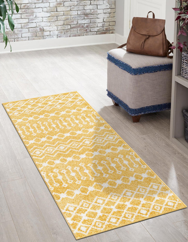Yellow 2' 7 x 12' Tribal Trellis Runner Area Rug Geometric Southwestern Inspired Durable Carpet for Home Interior Design for Sale at Rug Engine