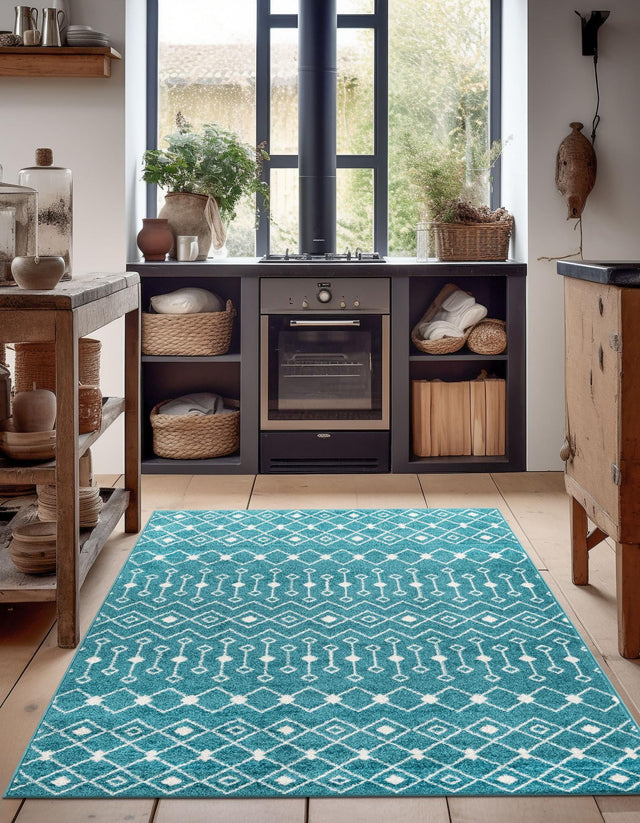 Turquoise 6' x 9' Tribal Trellis Rectangle Area Rug Geometric Southwestern Inspired Durable Carpet for Home Interior Design for Sale at Rug Engine