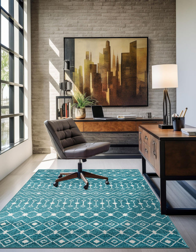 Turquoise 6' x 9' Tribal Trellis Rectangle Area Rug Geometric Southwestern Inspired Durable Carpet for Home Interior Design for Sale at Rug Engine