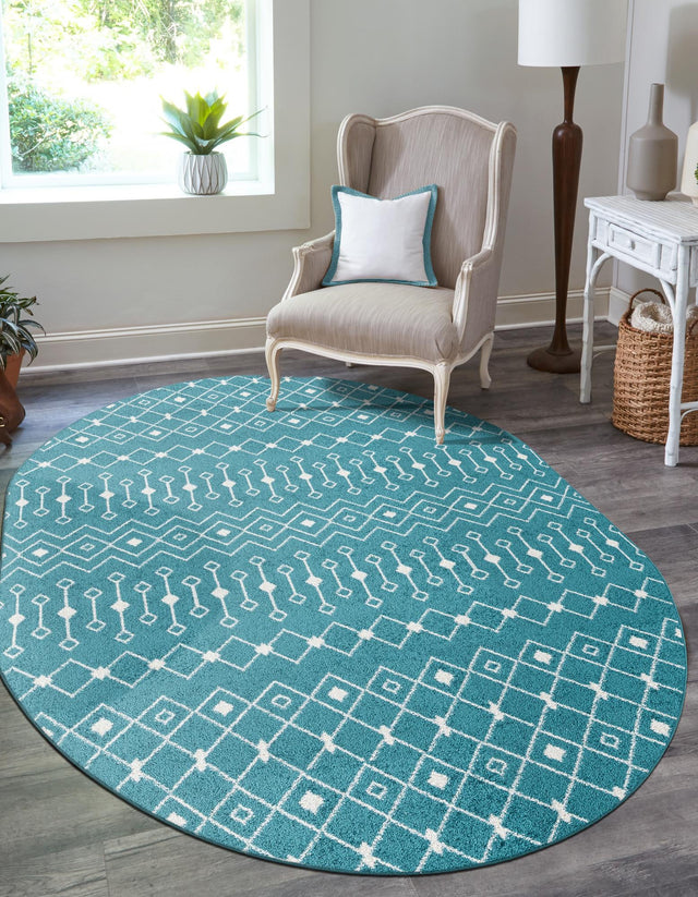 Turquoise 4' x 6' Tribal Trellis Oval Area Rug Geometric Southwestern Inspired Durable Carpet for Home Interior Design for Sale at Rug Engine