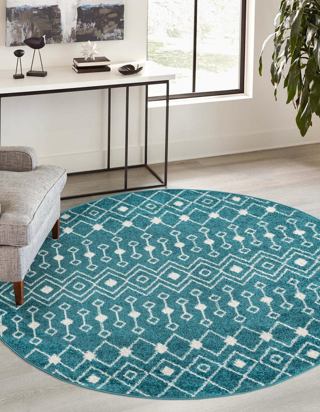 Turquoise 3' 3 x 3' 3 Tribal Trellis Round Area Rug Geometric Southwestern Inspired Durable Carpet for Home Interior Design for Sale at Rug Engine