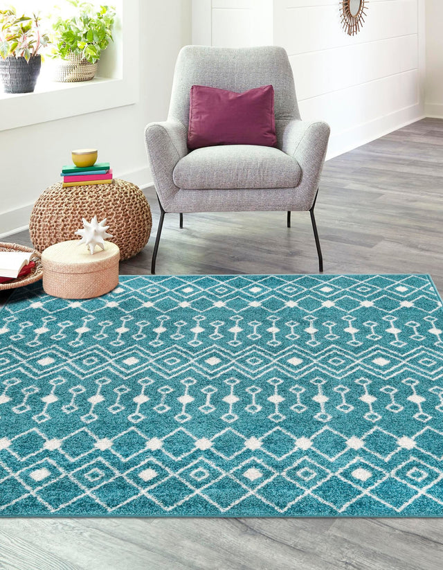 Turquoise 7' 10 x 7' 10 Tribal Trellis Square Area Rug Geometric Southwestern Inspired Durable Carpet for Home Interior Design for Sale at Rug Engine