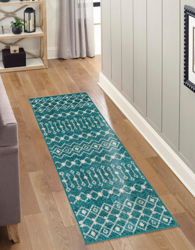 Turquoise 2' 7 x 10' Tribal Trellis Runner Area Rug Geometric Southwestern Inspired Durable Carpet for Home Interior Design for Sale at Rug Engine