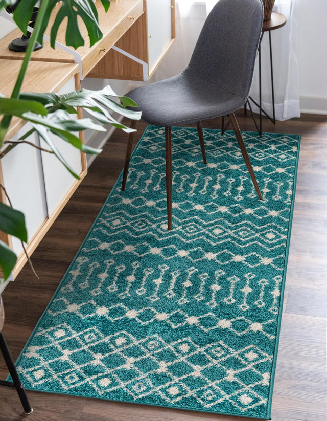 Turquoise 2' 7 x 10' Tribal Trellis Runner Area Rug Geometric Southwestern Inspired Durable Carpet for Home Interior Design for Sale at Rug Engine