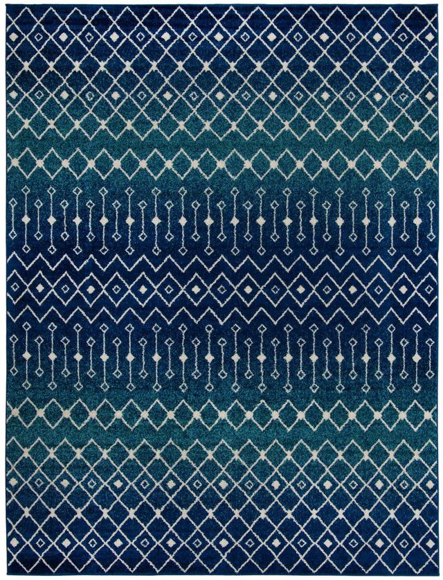 Navy and Teal 10' x 13' 1 Tribal Trellis Rectangle Area Rug Geometric Southwestern Inspired Durable Carpet for Home Interior Design for Sale at Rug Engine