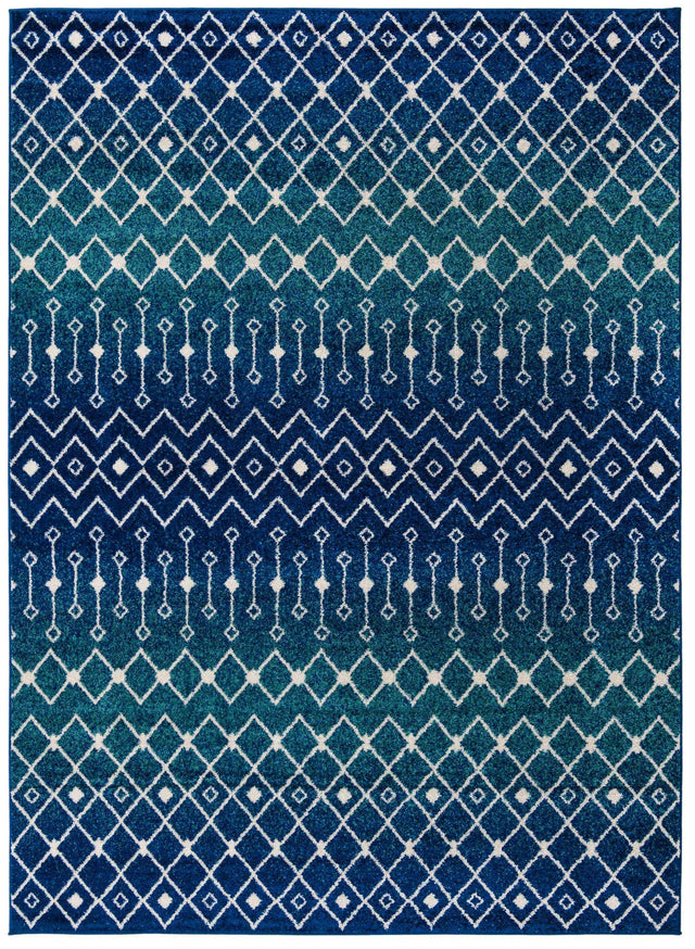 Navy and Teal 9' x 12' Tribal Trellis Rectangle Area Rug Geometric Southwestern Inspired Durable Carpet for Home Interior Design for Sale at Rug Engine