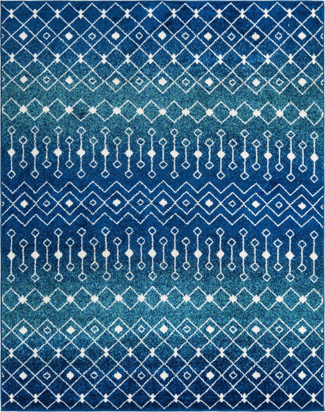 Navy and Teal 7' 10 x 10' Tribal Trellis Rectangle Area Rug Geometric Southwestern Inspired Durable Carpet for Home Interior Design for Sale at Rug Engine