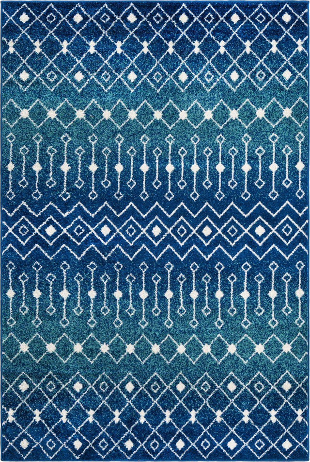 Navy and Teal 6' 1 x 9' Tribal Trellis Rectangle Area Rug Geometric Southwestern Inspired Durable Carpet for Home Interior Design for Sale at Rug Engine