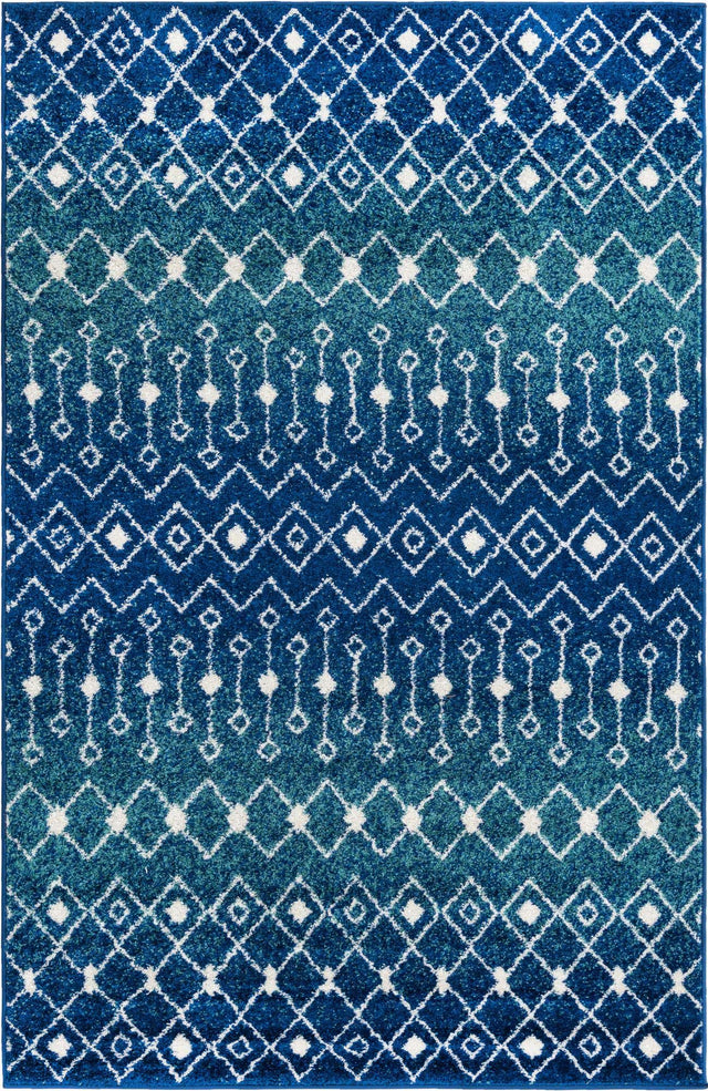 Navy and Teal 5' 3 x 8' Tribal Trellis Rectangle Area Rug Geometric Southwestern Inspired Durable Carpet for Home Interior Design for Sale at Rug Engine