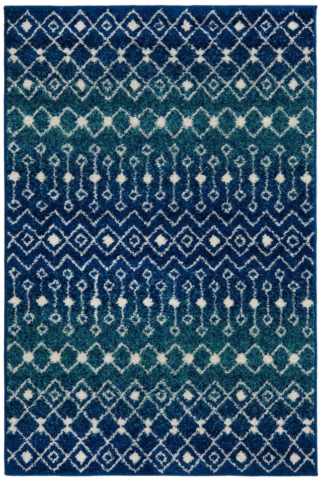 Navy and Teal 4' 1 x 6' 1 Tribal Trellis Rectangle Area Rug Geometric Southwestern Inspired Durable Carpet for Home Interior Design for Sale at Rug Engine