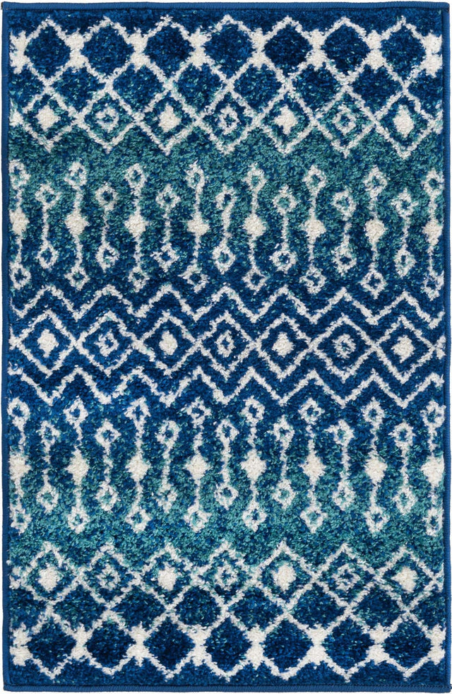 Navy and Teal 2' x 3' 1 Tribal Trellis Rectangle Area Rug Geometric Southwestern Inspired Durable Carpet for Home Interior Design for Sale at Rug Engine