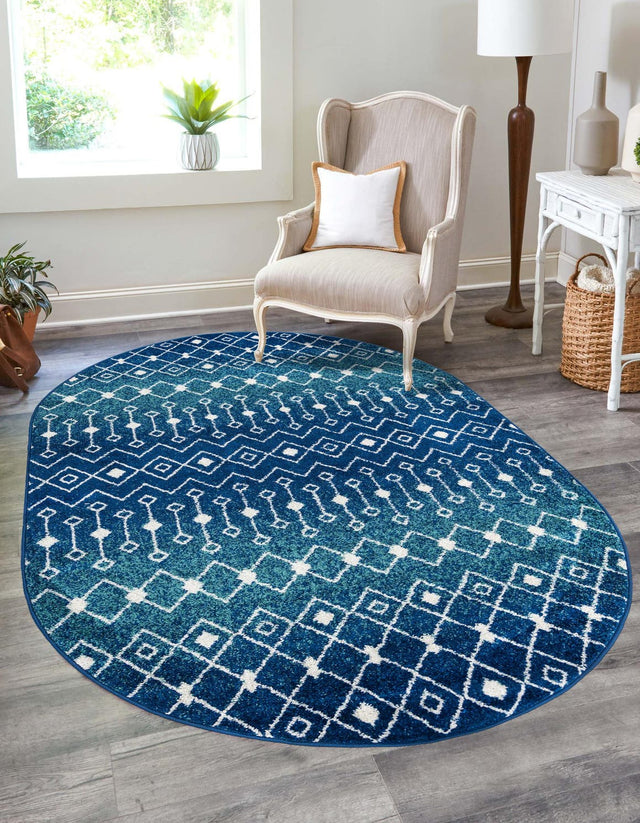 Navy and Teal 5' 3 x 8' Tribal Trellis Oval Area Rug Geometric Southwestern Inspired Durable Carpet for Home Interior Design for Sale at Rug Engine