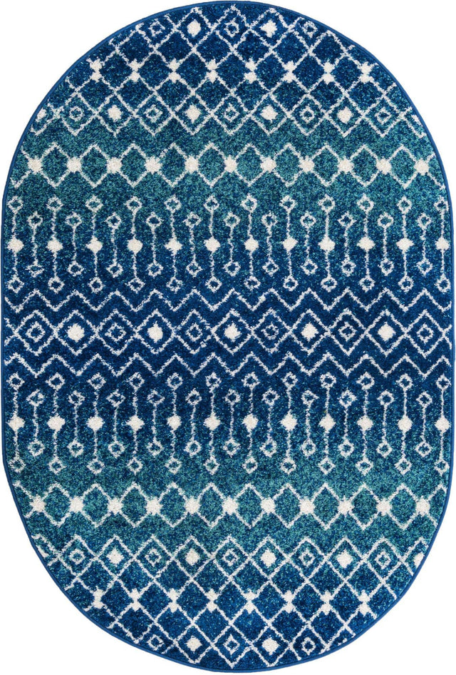 Navy and Teal 4' 1 x 6' 1 Tribal Trellis Oval Area Rug Geometric Southwestern Inspired Durable Carpet for Home Interior Design for Sale at Rug Engine