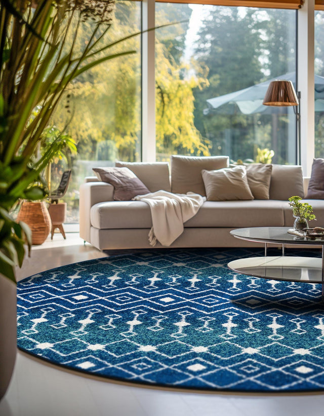 Navy and Teal 3' 1 x 3' 1 Tribal Trellis Round Area Rug Geometric Southwestern Inspired Durable Carpet for Home Interior Design for Sale at Rug Engine
